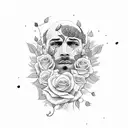 half man face, below the nose, neck with roses, no rose above neck ,cut opened head with straw, and side view tattoo design idea
