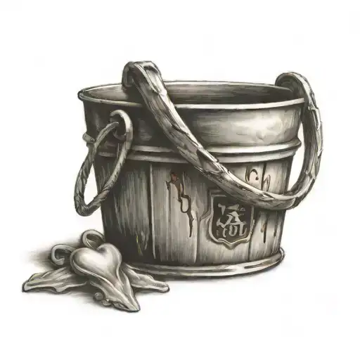 bucket with heart on the handle which is facing down with a plaque that states EST. 23.8.11  tattoo design idea