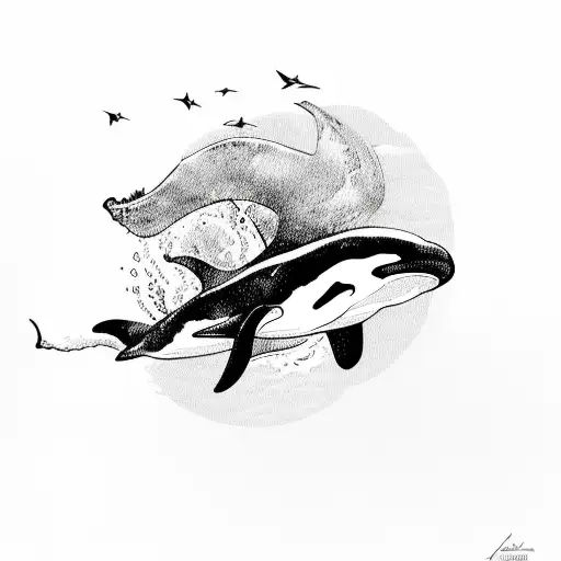 orca whale in water with duck flying above tattoo design idea