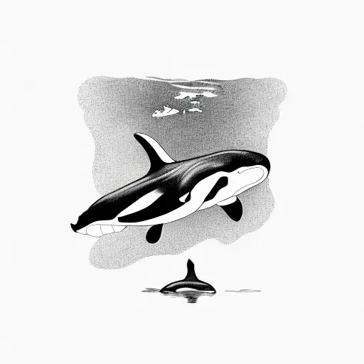 orca whale with duck flying above tattoo design idea