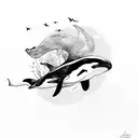 orca whale in water with duck flying above tattoo design idea