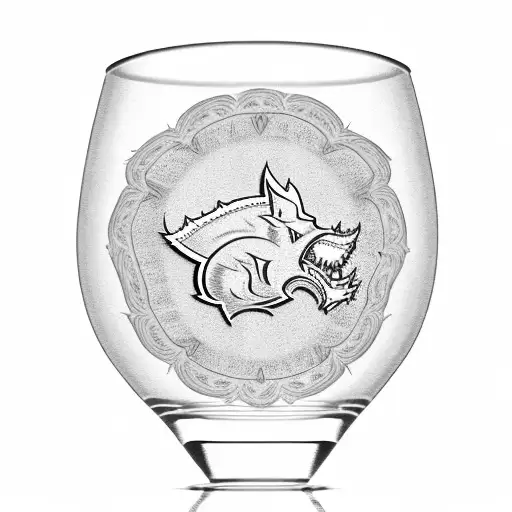 A stylized bourbon glass with the Arkansas razorbacks logo etched into the glass tattoo design idea