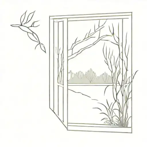 Garden Scene: A scene of a window looking out onto a garden with a weeping willow tree prominently featured.  tattoo design idea