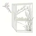 Garden Scene: A scene of a window looking out onto a garden with a weeping willow tree prominently featured.  tattoo design idea