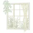 Garden Scene: A scene of a window looking out onto a garden with a weeping willow tree prominently featured.  tattoo design idea