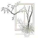 Garden Scene: A scene of a window looking out onto a garden with a weeping willow tree prominently featured.  tattoo design idea