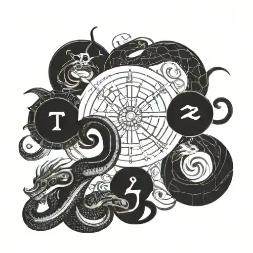 zodiac wheel, snake and squid emoji type figures: tattoo design idea