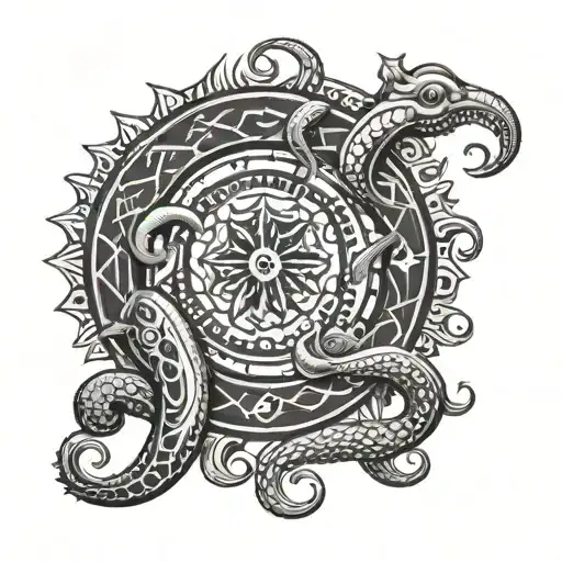 zodiac wheel snake squid emoji type figures: tattoo design idea