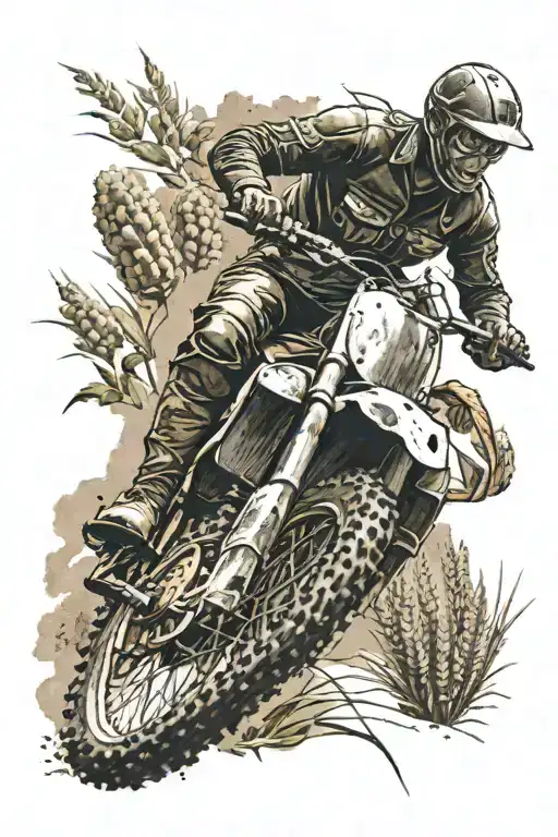 A farmer riding a dirtbike through a field of crops tattoo design idea