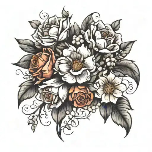 1971 underneath 1977 and underneat 4 flowers in a bouquet  tattoo design idea