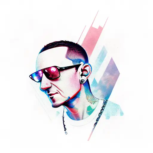 A realistic portrait of Chester Bennington from Linkin Park, surrounded by Los Angeles cityscape tattoo design idea