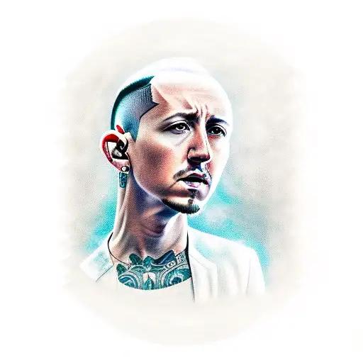 A realistic portrait of Chester Bennington from Linkin Park, surrounded by Los Angeles cityscape tattoo design idea
