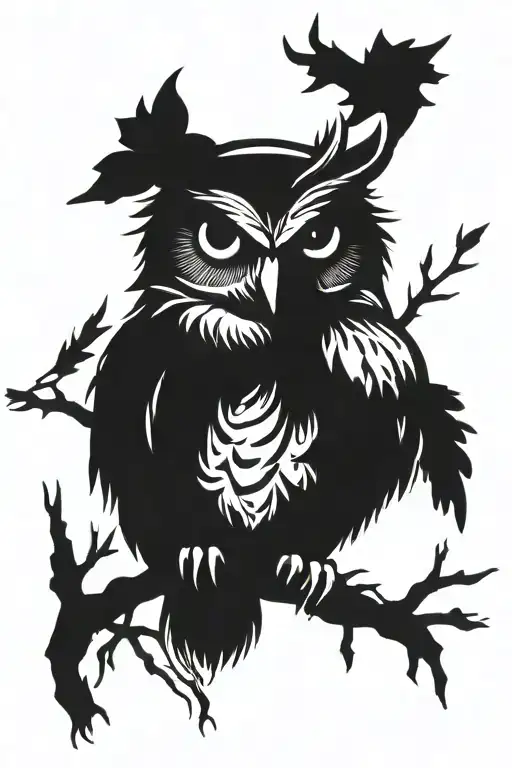 rugged owl sitting on branch with a crown hovering over its head  tattoo design idea