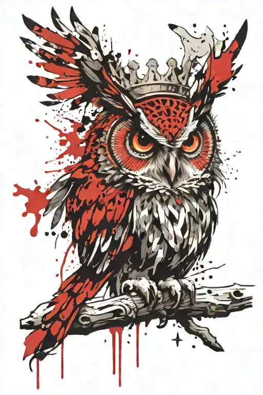 rugged owl sitting on branch with a crown hovering over its head  tattoo design idea