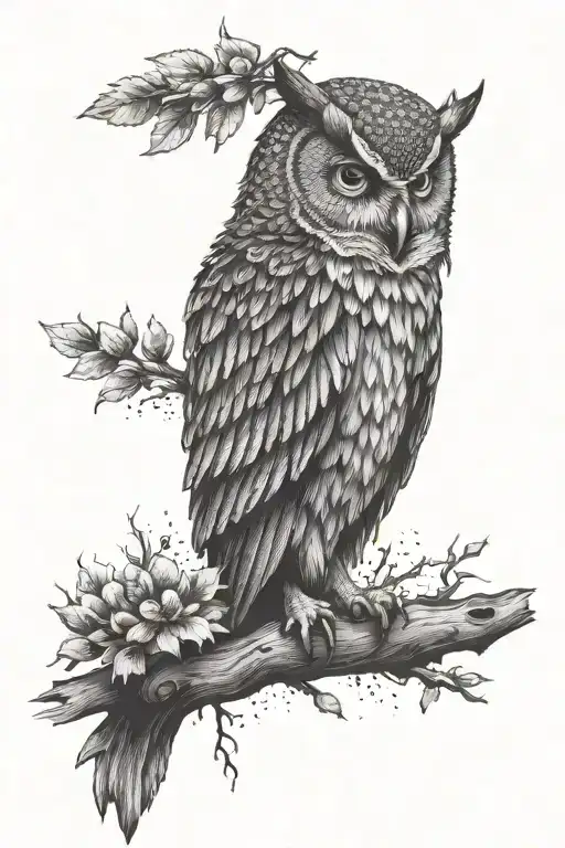rugged owl sitting on branch with a crown hovering over its head  tattoo design idea
