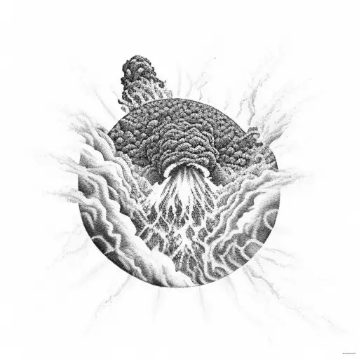 A black-grey tattoo of a celestial volcano erupting with colorful cosmic lava, representing the power of creation. tattoo design idea