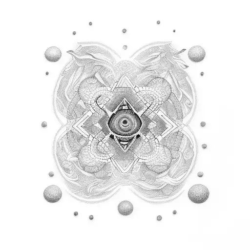 A dotwork tattoo of a DMT molecule infused with intricate organic patterns, symbolizing the exploration of consciousness. tattoo design idea