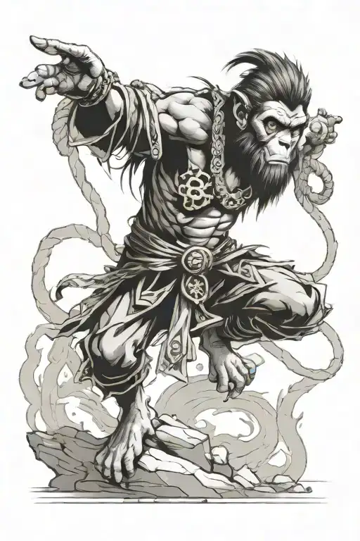 monkey king with head stones in the back ground tattoo design idea