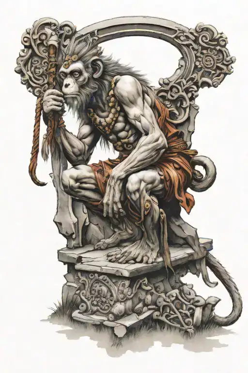 monkey king kneeling with grave stones in the back ground tattoo design idea