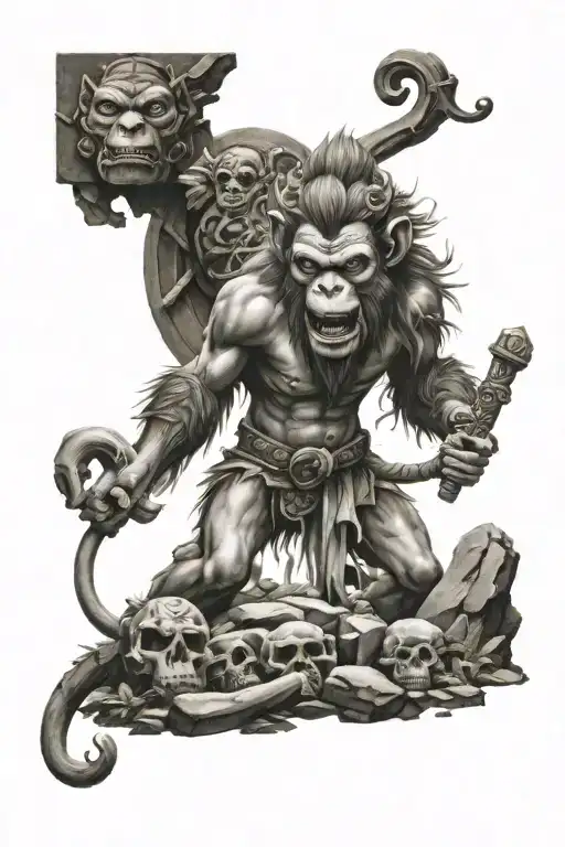monkey king with grave stones in the back ground tattoo design idea
