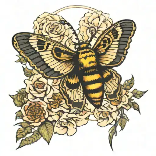 flowers and deaths head moth surrounded tattoo design idea