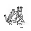 A monkey and frog shaking five in a playful sketch style tattoo design idea