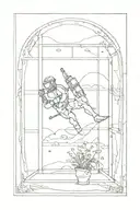Surrealistic art, fine line, window, scuba diving, pottery, simple, modern, weird  tattoo design idea