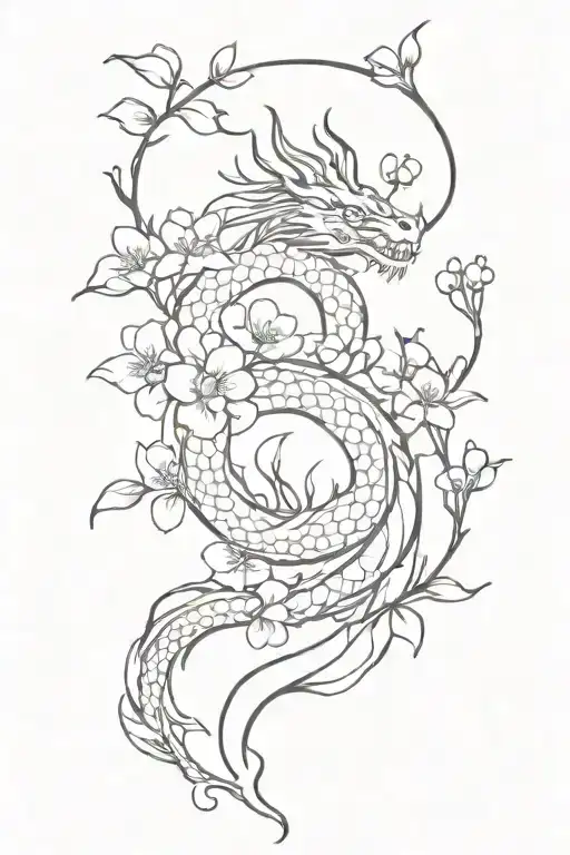 dragon and plum blossom flowers tattoo design idea