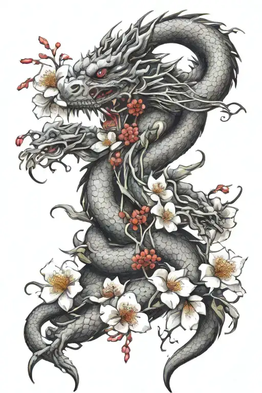 dragon and plum blossom flowers tattoo design idea