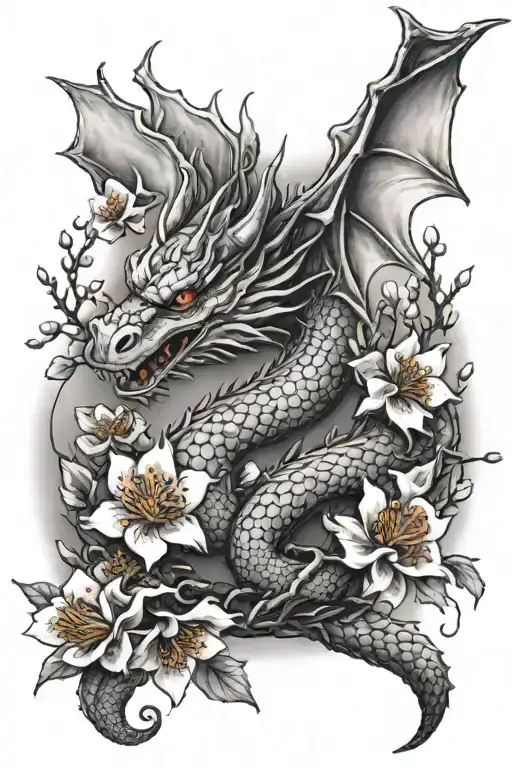 cute dragon and plum blossom flowers for women   tattoo design idea