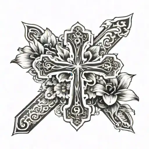 Cross, nascar hat ontop of cross, 1 Lilily flower in background tattoo design idea