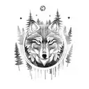 A mystical forest scene with a wolf leading the way through the trees tattoo design idea