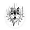 A mystical forest scene with a wolf leading the way through the trees tattoo design idea