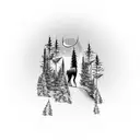 A mystical forest scene with a wolf leading the way through the trees tattoo design idea