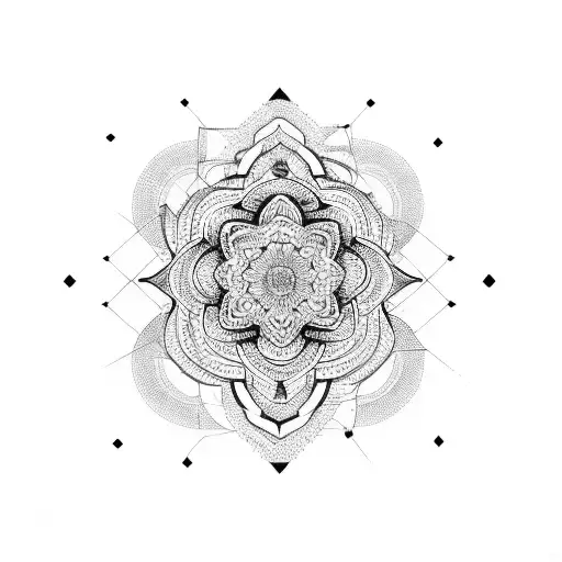 A silhouette of a person in a yoga pose surrounded by intricate geometric patterns tattoo design idea