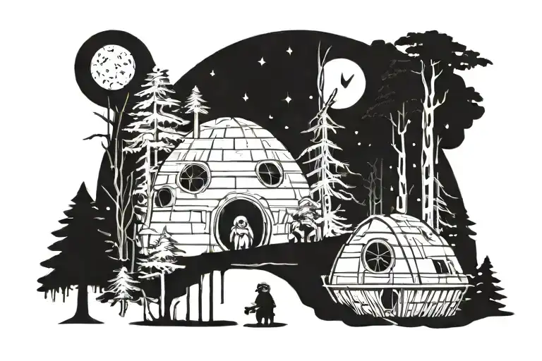 Endor with the trees and the tree huts with an Ewok somewhere and the Death Star exploded tattoo design idea