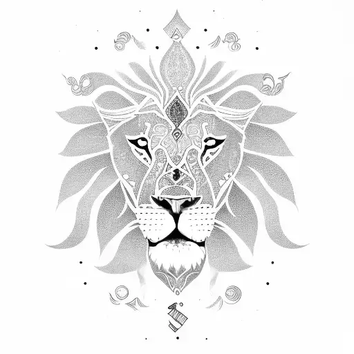 A lion with a mane made of intricate numerology symbols tattoo design idea