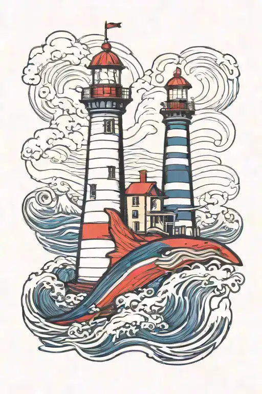 lighthouse with waves and ocean below whales and shark  tattoo design idea
