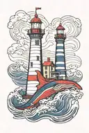 lighthouse with waves and ocean below whales and shark  tattoo design idea