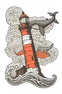 lighthouse with waves and ocean below whales and shark  tattoo design idea