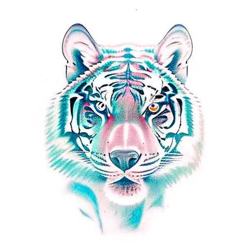 An Upper arm tattoo for men with a Head which is half a wolf with blue eyes and half a Tiger with Green eyes. Im the bac tattoo design idea