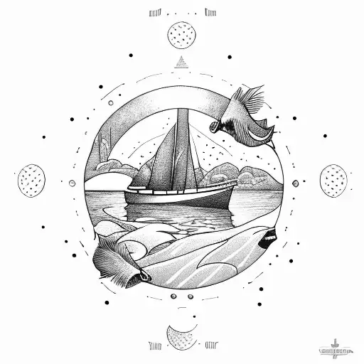 boat within circle tattoo design idea