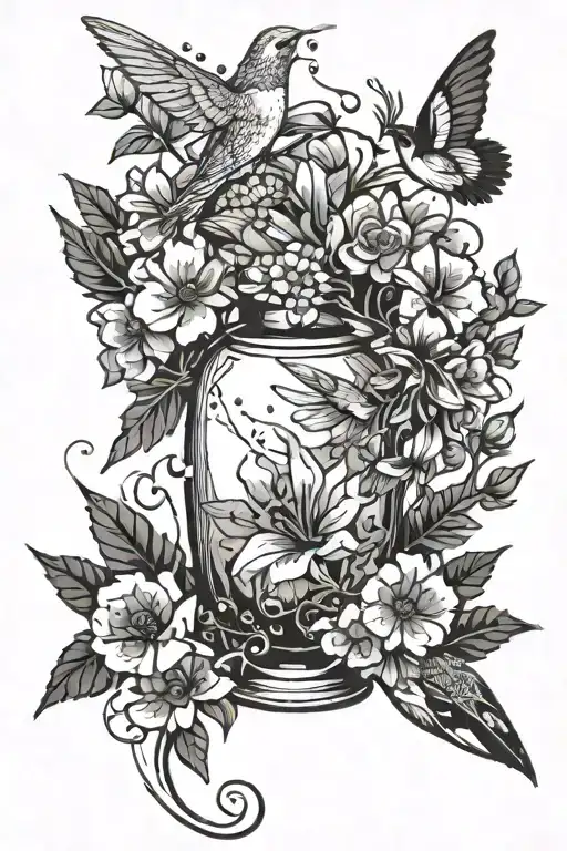 abstract humming bird flying, cracked flower vase with bouquet. tattoo design idea