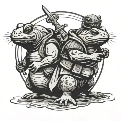 a seal and a frog, back to back. the seal is in military gear. the frog is in a samurai outfit. tattoo design idea