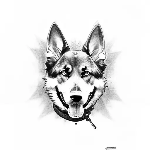 A black and grey tattoo of a German Shepherd and a vintage motorcycle tattoo design idea