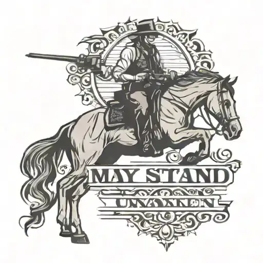 Line work tattoo of the words “May I Stand Unshaken” in the red dead redemption font  tattoo design idea