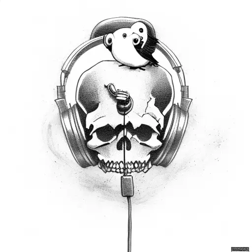 A skull wearing headphones with a crow flying out of its mouth tattoo design idea