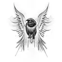 A dark and abstract representation of a synthesizer merging with a raven's wings tattoo design idea