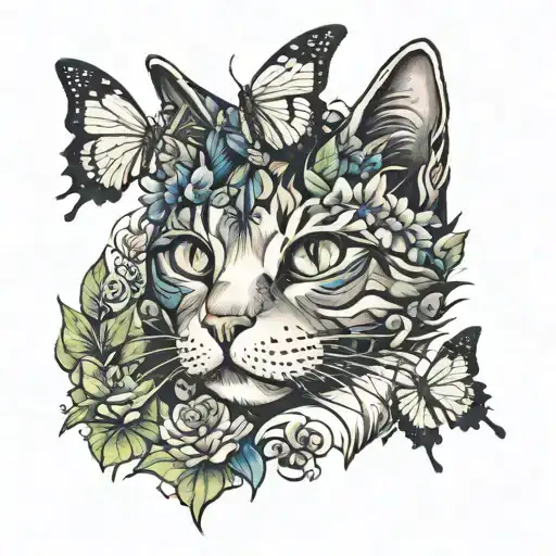 cat and butterflies  tattoo design idea
