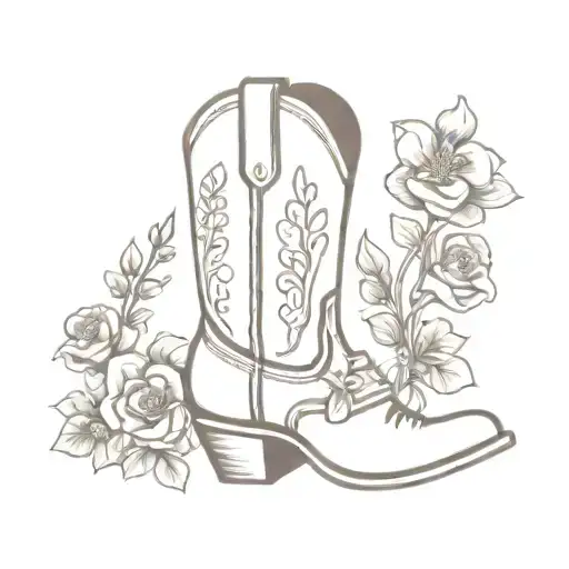 cowboy boots with violets in one boots and roses in the other boot tattoo design idea